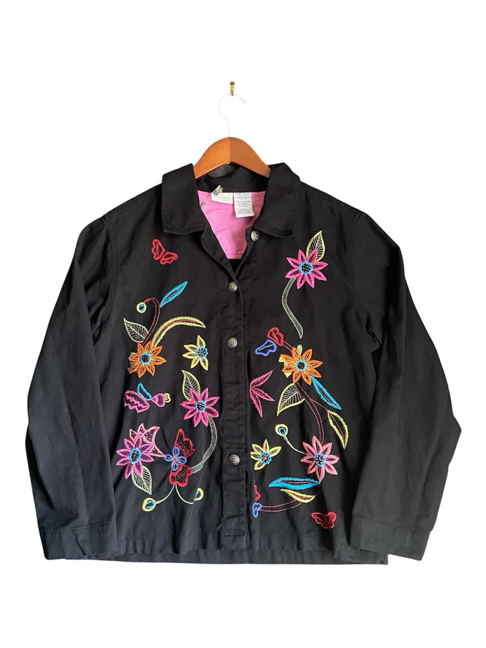 White Stag | 90s Vintage Women’s Black Denim Embroidered Jacket | Size L/G